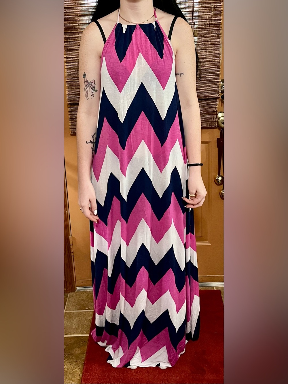 Good time USA Women’s Chevron Maxi Dress in Pink, Navy & White